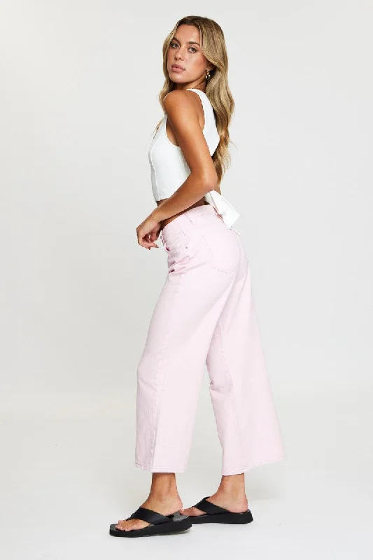 Pink Wide Leg Denim Jeans High Rise