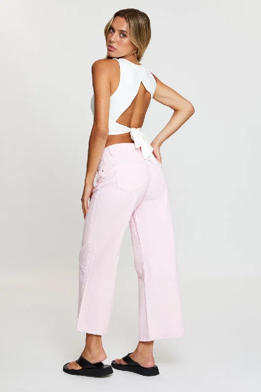 Pink Wide Leg Denim Jeans High Rise