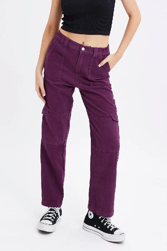 Purple Cargo Jeans Straight Back Elastic Waist