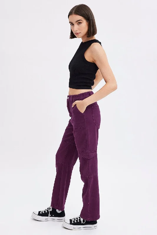 Purple Cargo Jeans Straight Back Elastic Waist