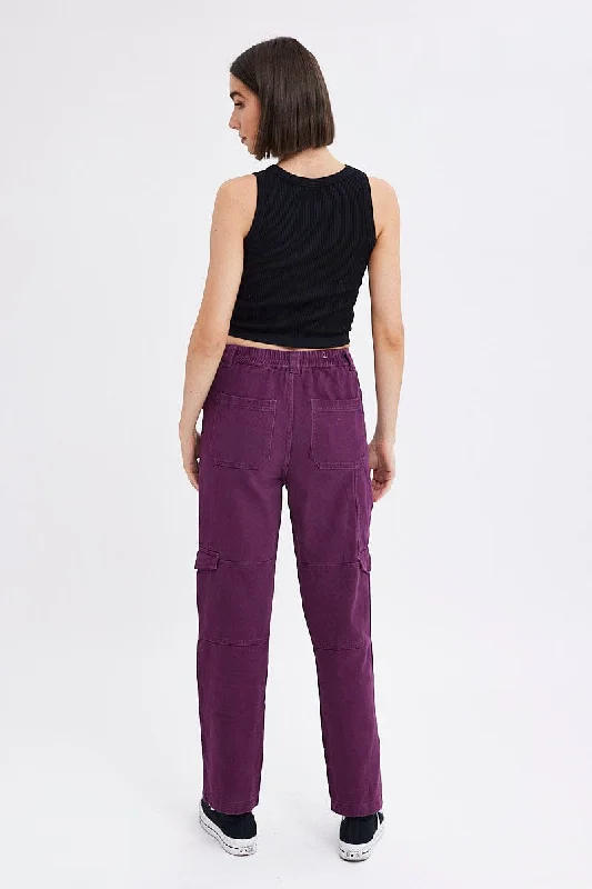 Purple Cargo Jeans Straight Back Elastic Waist