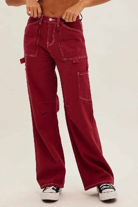 Red Cargo Jeans Mid Rise