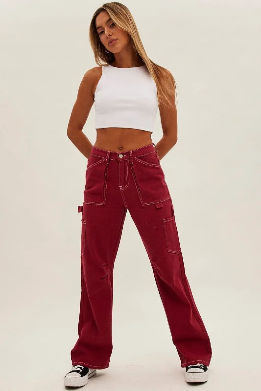 Red Cargo Jeans Mid Rise