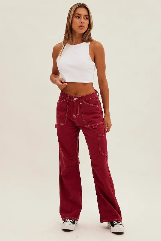 Red Cargo Jeans Mid Rise