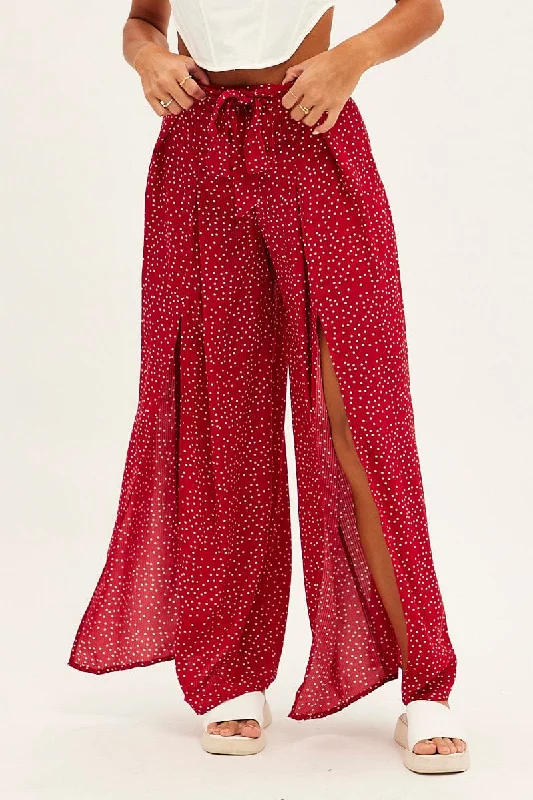 Red Polka Dot Wide Leg Pants High Rise Waist Tie