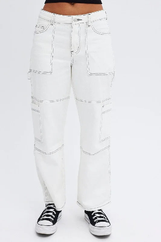 White Cargo Jeans High Rise Straight Leg Utility