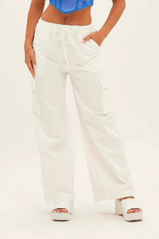 White Cargo Pant Wide Leg Elastic Waist Cotton Twill