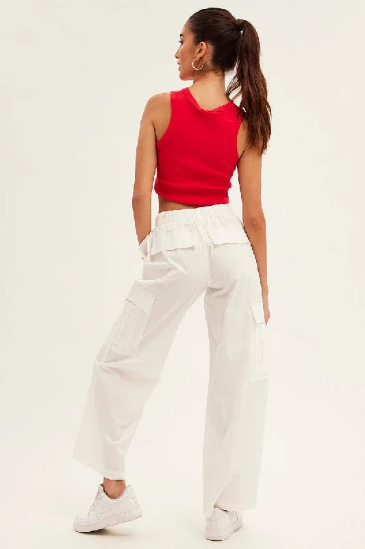 White Cargo Pants Wide Leg Mid Rise