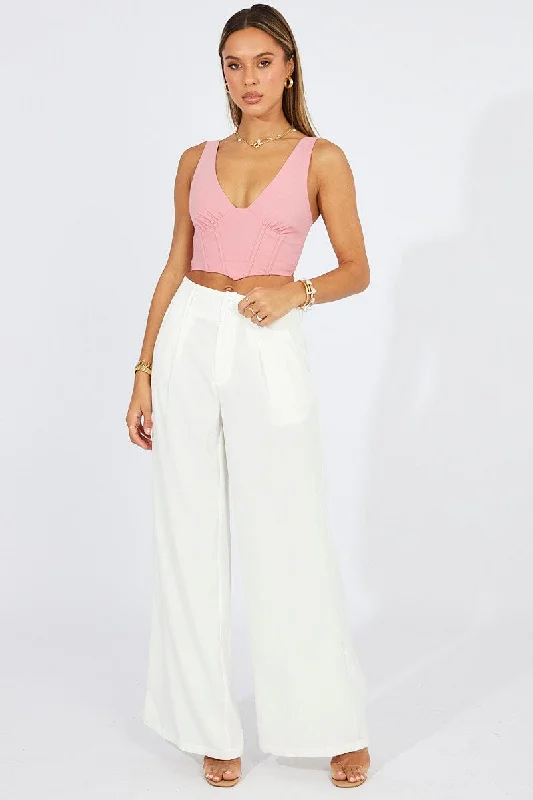 White Wide Leg Pants High Rise