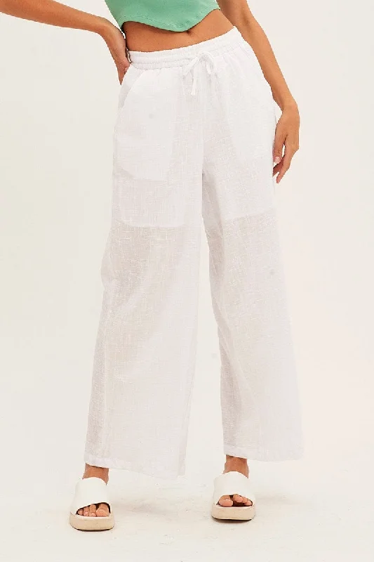 White Wide Leg Pants High Rise Cotton