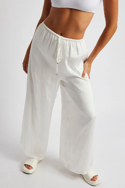 White Wide Leg Pants High Rise Satin