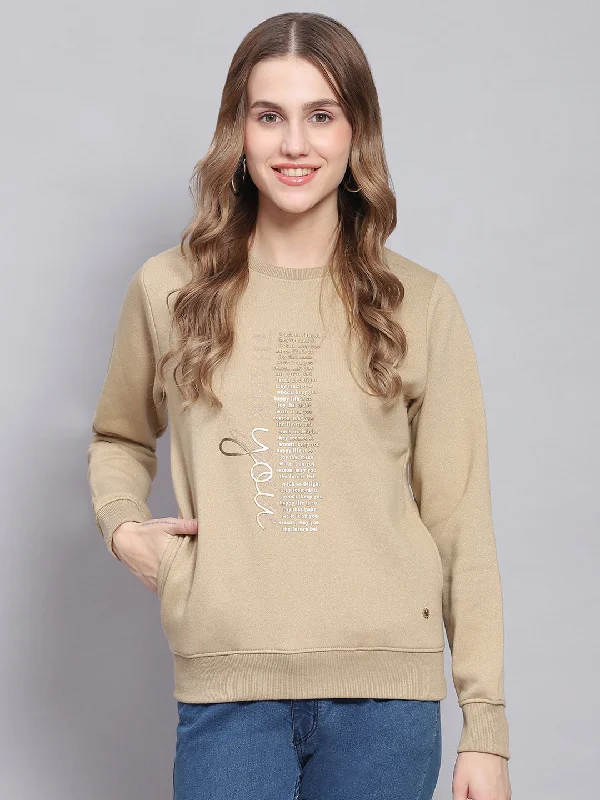 Women Khaki Printed Round Neck Full Sleeve Sweatshirts