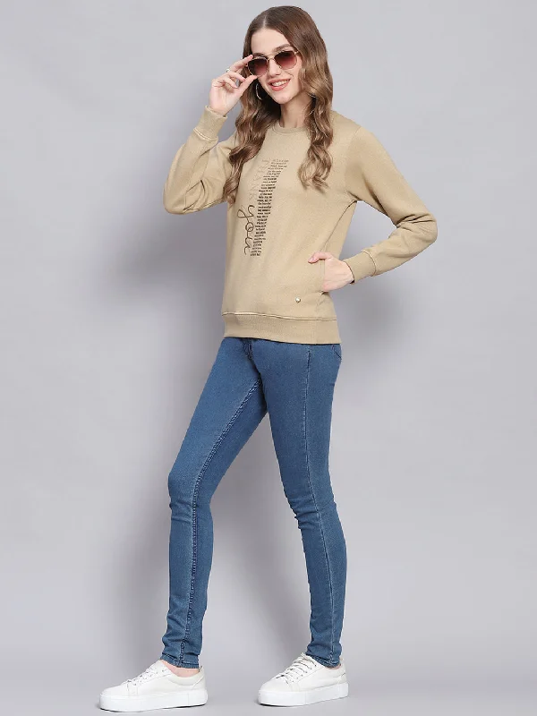 Women Khaki Printed Round Neck Full Sleeve Sweatshirts