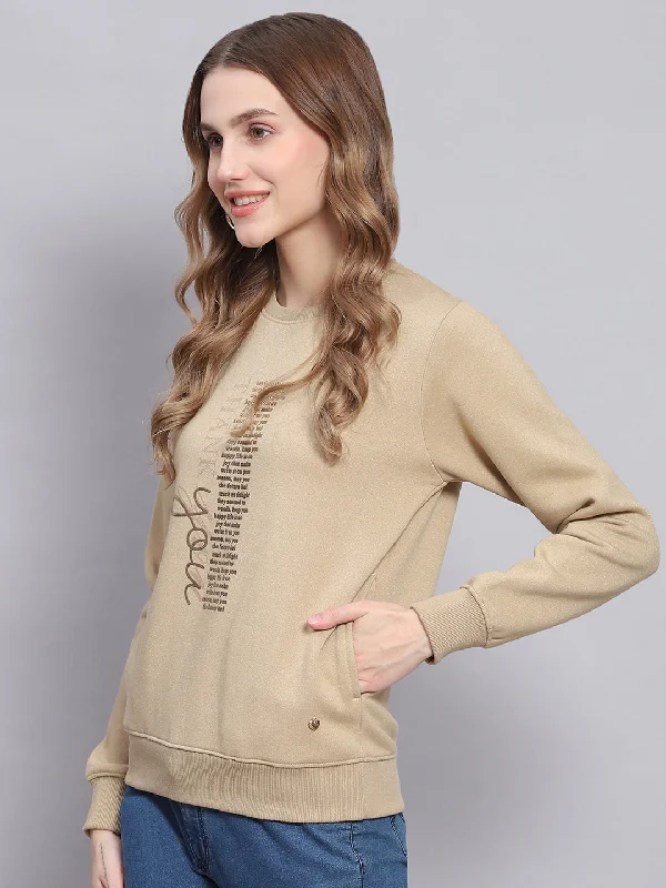 Women Khaki Printed Round Neck Full Sleeve Sweatshirts