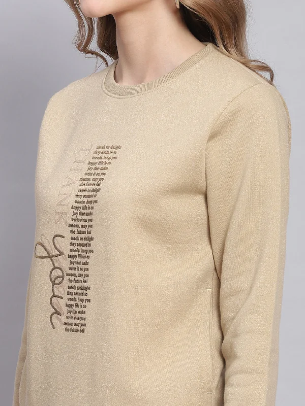 Women Khaki Printed Round Neck Full Sleeve Sweatshirts