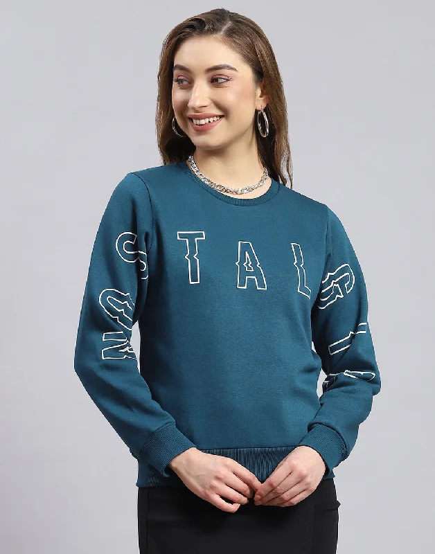 Women Teal Blue Printed Round Neck Full Sleeve Sweatshirt