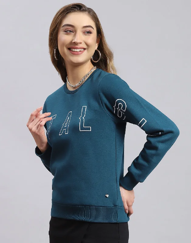 Women Teal Blue Printed Round Neck Full Sleeve Sweatshirt