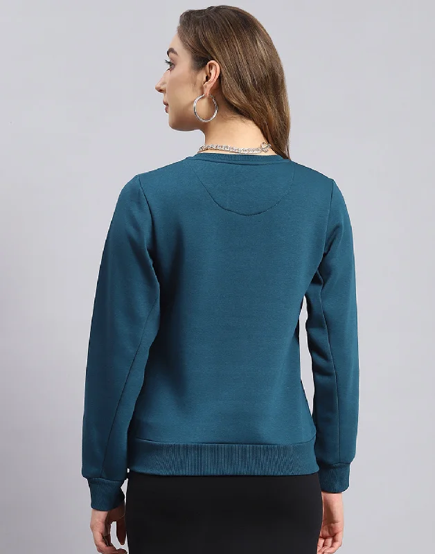 Women Teal Blue Printed Round Neck Full Sleeve Sweatshirt