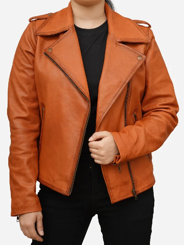 Women's Classic Tan Brown Leather Biker Jacket