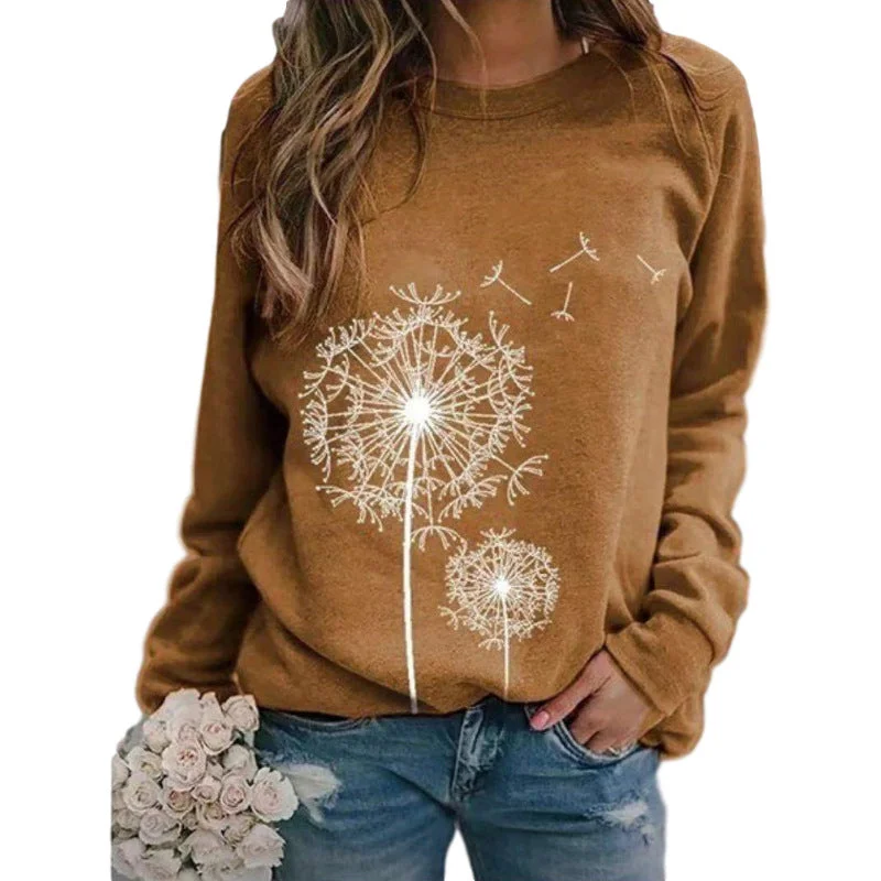 Women's Dandelion Printed Round Neck Long Sleeve Loose-fitting Casual Sweaters