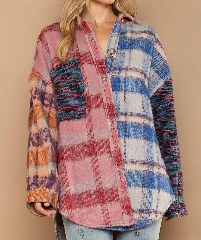 Contrast Plaid Shacket In Multi Pink/blue