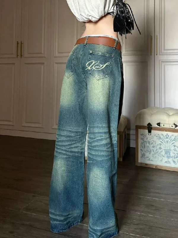 Blue Jeans Women Y2k Fashion Baggy Style Waist Wide Leg Denim Pants