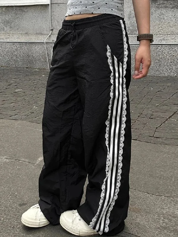 Black Women Y2k Baggy Lace Stripe Wide Leg Sports Jogging Hop Pants