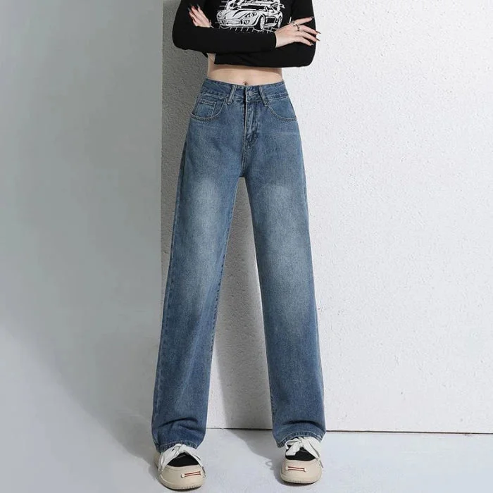 Blue Wide-Legged Female 2024 New Explosive High-waisted Straight Loose Small Drag Jeans