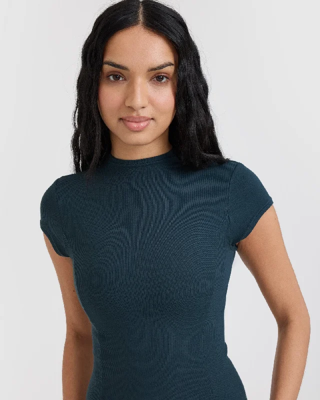 Mellow Rib Mock Neck T-Shirt | Oil Blue