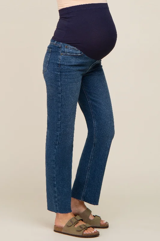 Navy Blue Raw Hem Maternity Straight Leg Jeans