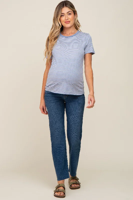 Navy Blue Raw Hem Maternity Straight Leg Jeans