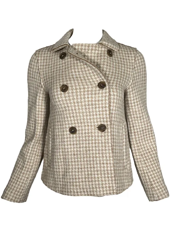 Women Houndstooth Pea Coat In Beige & Cream