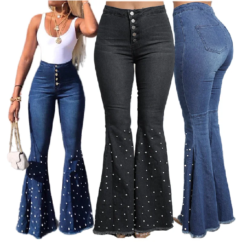 YQY861 Latest Design High Quality Streetwear Beaded Slimming  Womens Stretch Jeans Flared Jeans For Women