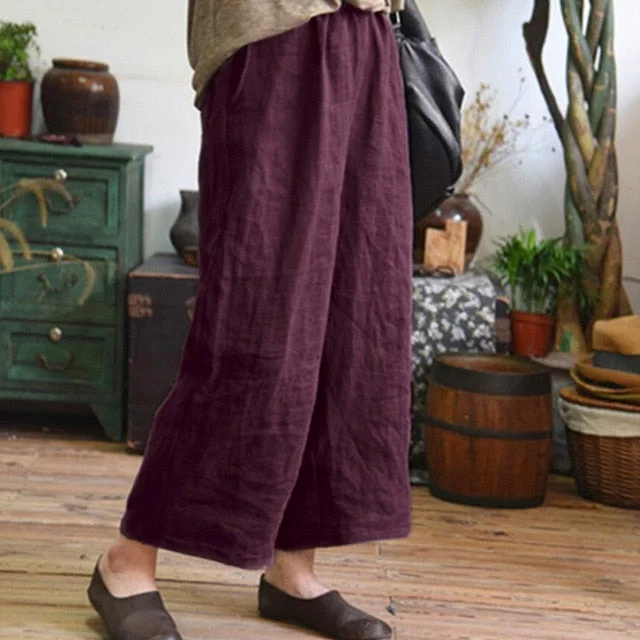 2019 Women Loose Long Pants Wide Leg Pants Cotton Linen Summer Casual Femme Pants Elastic Mid Waist Straight Harem Trousers