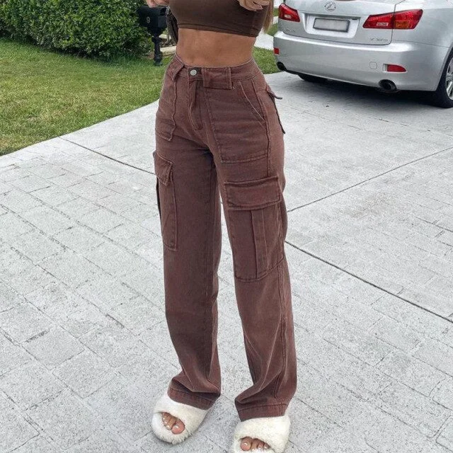 FashionSierra - Style Retro Brown Pocket High Waist Straight Pants