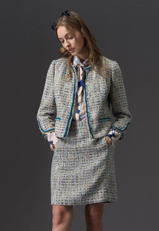 Earth Tone Blue And Gold Detailing Tweed Jacket