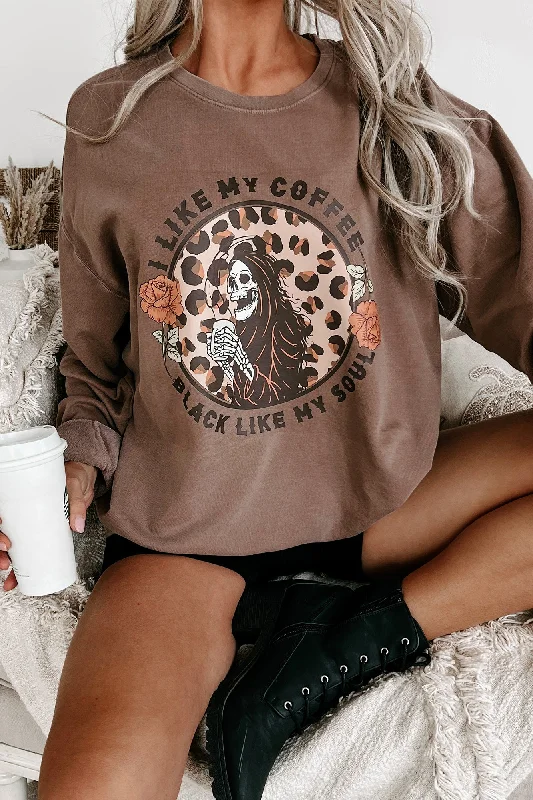 ""Coffee, Black Like My Soul"" Lightweight Graphic Crewneck (Espresso) - Print On Demand