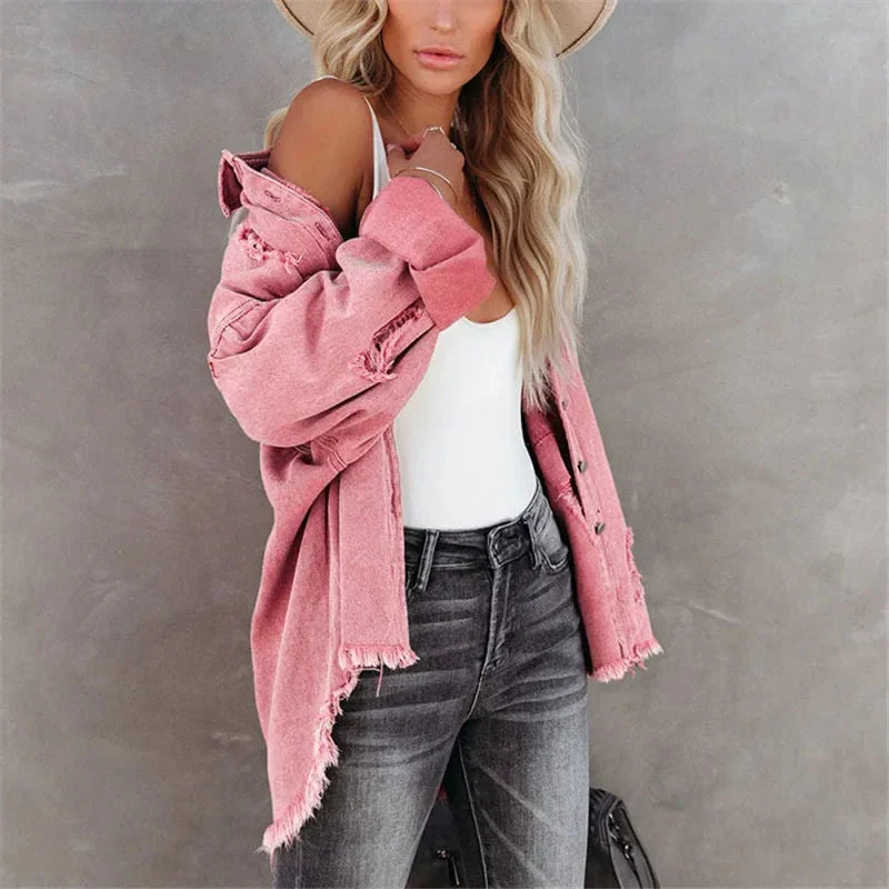 Vintage Ripped Denim Oversized Single Breasted Female Pocket Outwear Fashion 2024 Spring Girls Jacket