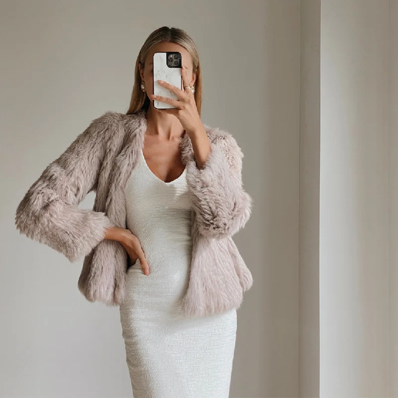 JANE Beige Long Sleeve Classic Fur Jacket