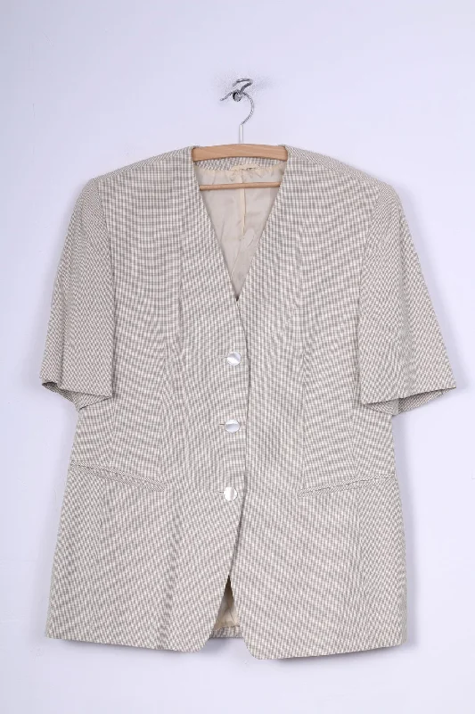 Petite Mademoiselle Womens XL Blazer Short Sleeve Check Cream Sholuder Pads Summer Vintage