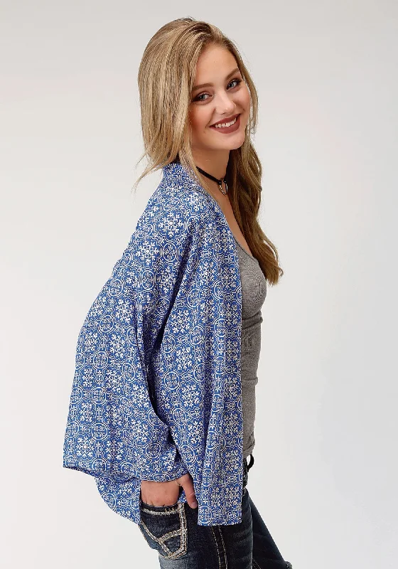 Roper Womens Blue Rayon/Nylon Tile Print Cardigan