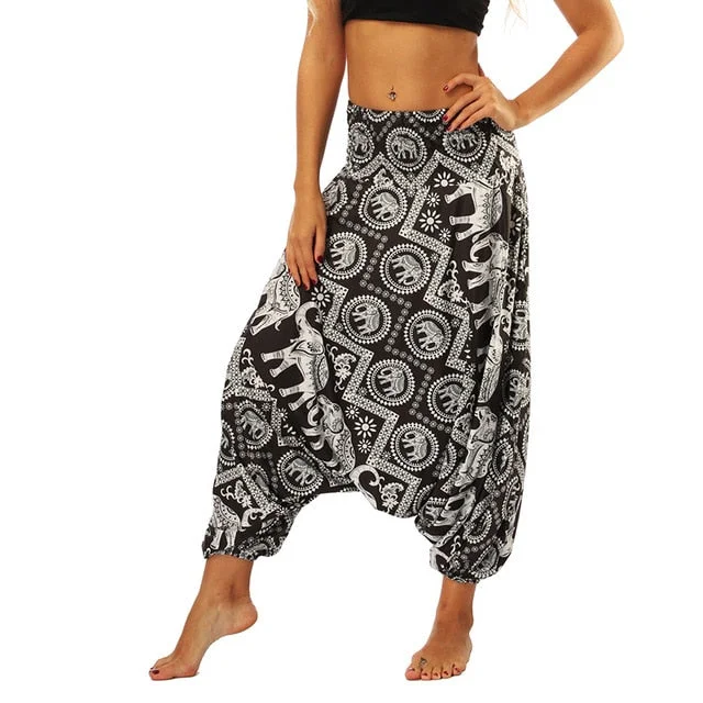 Women Hippie Boho Cross Pants Women Indie Folk Baggy Pants Elephant Print Casual Ladies Mandala Drop Bottom Tai Long Pants