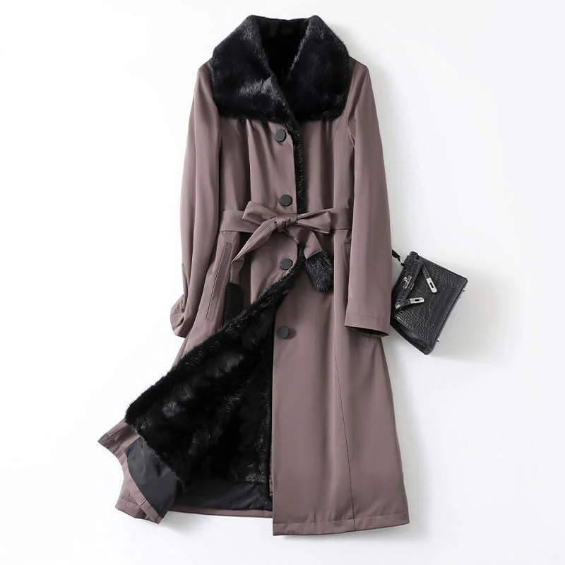 Women's Warm Winter Mink Fur Liner Belt Detachable Long Coat