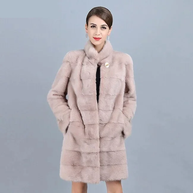 Women's Winter Warm Natural Mink Fur Striped Pattern Long Thick Jacket