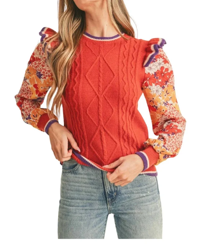 Cece Cable Knit Sweater Top In Red