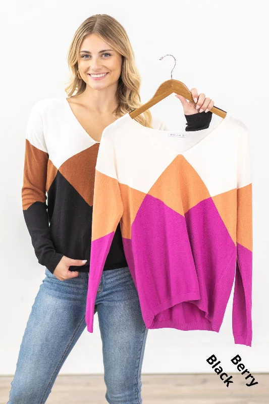 Colorblock Geometric Print V-Neck Sweater