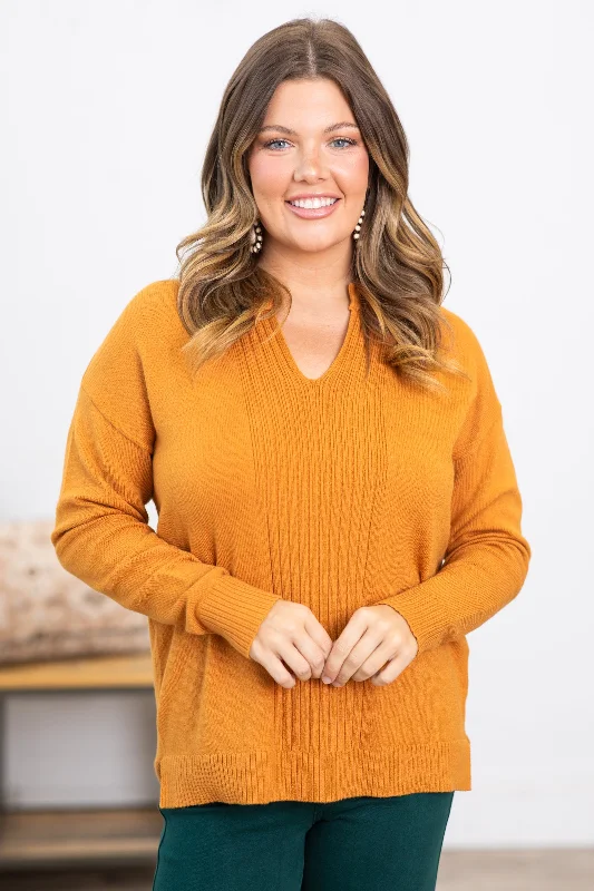 Dark Mustard Notch Neck Center Seam Sweater