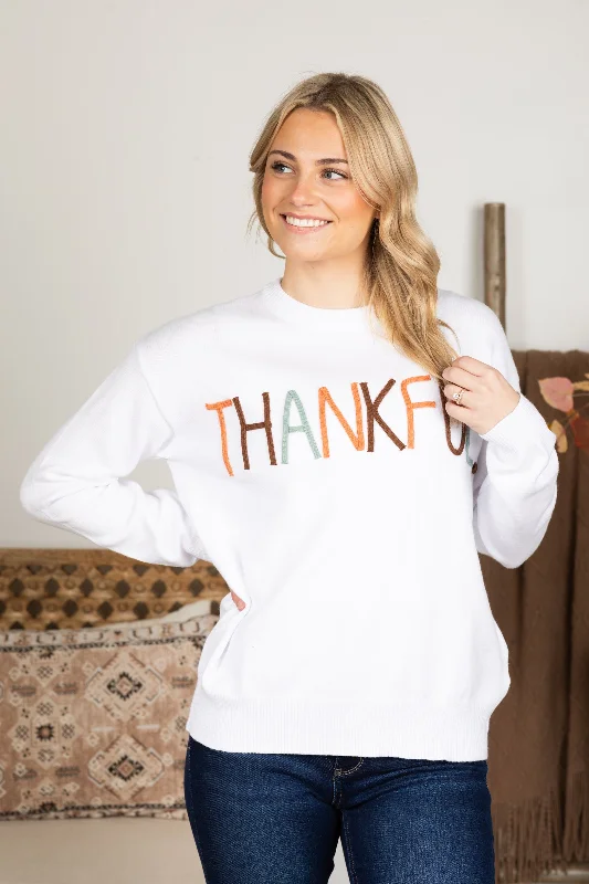 White Thankful Embroidered Sweater