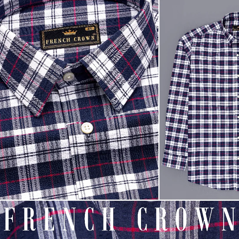 Bright White with Mirage Navy Blue Checkered Seersucker Premium Cotton Shirt