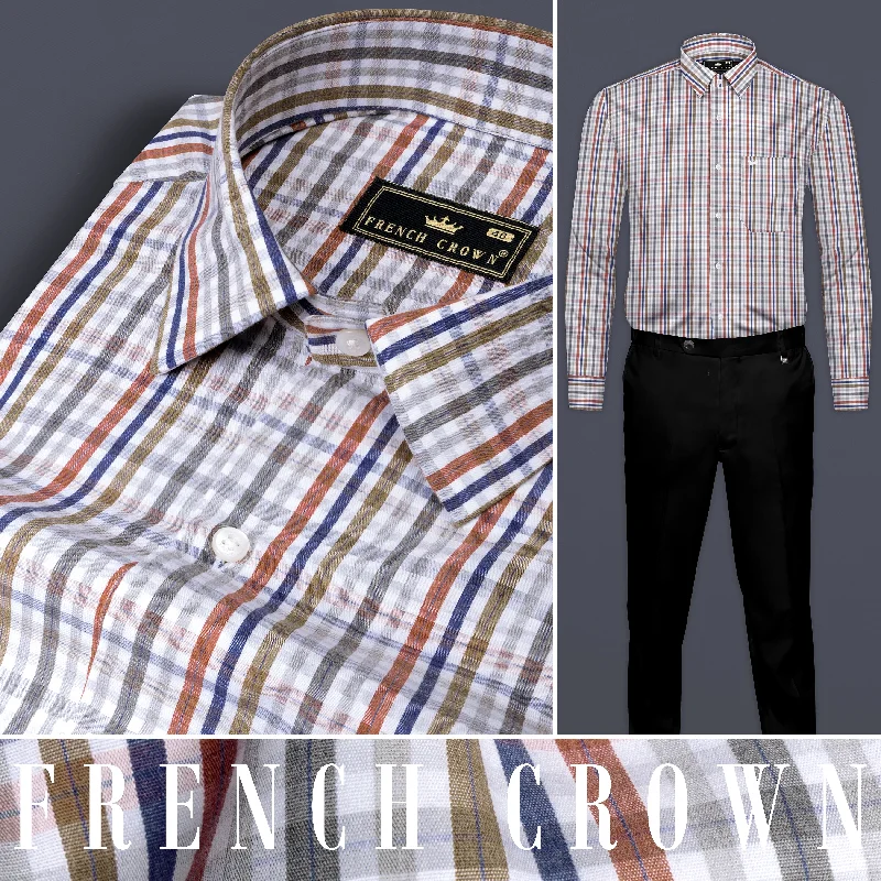 Bright White with Sepia Brown and Rhino Blue Checkered Poplin Giza Cotton Shirt